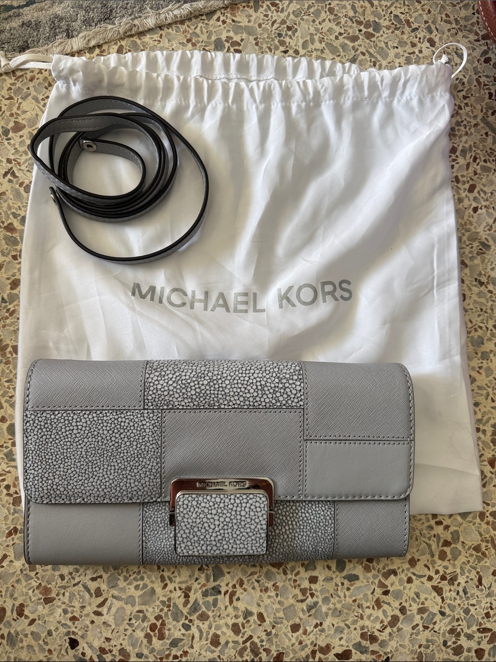 Michael Kors Light Gray Patchwork Leather Clutch with Detachable Strap